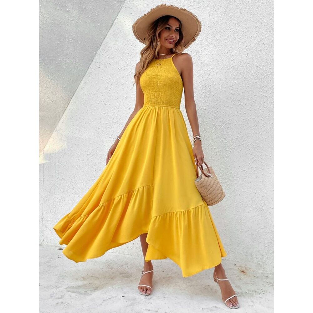 Breezaya Shirred Hanky Hem Cami Dress Maxi Vacation Beach Outfits yellow Small